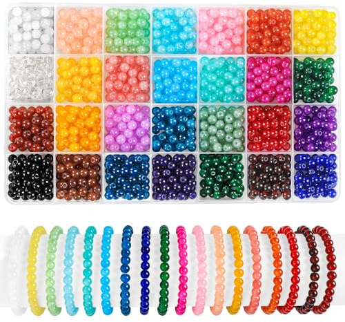 JOLCEEY 840pcs Round Glass Beads for Bracelet Making Kit, 28 Colors 6mm Imitative Jade Crystal Gemstone Beads for Jewellery Making Bracelet Necklace Phone Lanyard DIY Crafts