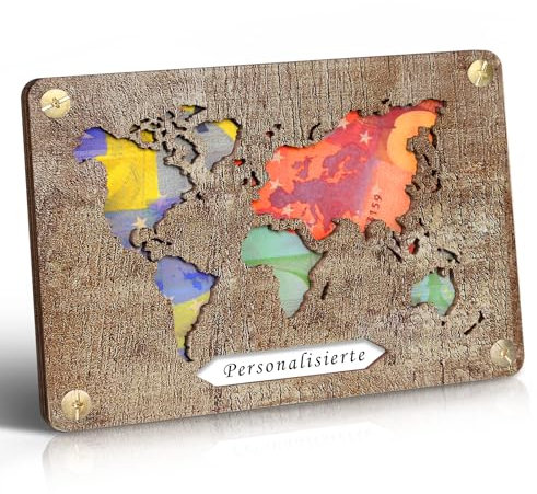 Frexpor Geldgeschenke Weltkarte Grußkarte Holz im Kleinforma für Männer und Frauen, Personalisierte Geld Geschenk Verpackung für Hochzeit, Geburtstag, Jugendweihe, Reise, Taufe, Konfirmation …