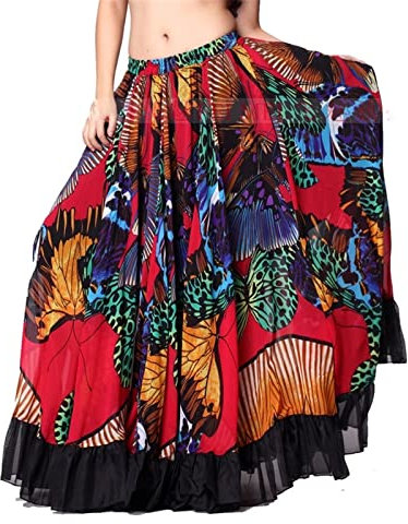 Bauchtanz-Rock, Bauchtanz-Hüfttuch, Bauchtanz-Rock, Bauchtanz-Aufführungskleidung, Chiffon-Röcke mit Schmetterlingsdruck, Kostüm for Damen (Farbe: Rot, Größe: L) (Color : Red, Size : M)