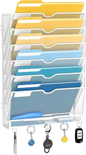 SUPTIDY 7-stöckiger Wand Zeitungshalter, Wandorganizer Büro, Metall Prospekthalter, Montage erforderlich, A4 Dokumentenablage Mit Haken, Weiß