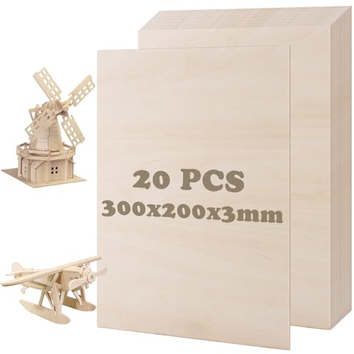 DAJAVE 20 hojas de madera contrachapada de 3 mm, hojas de madera contrachapada de 300 x 200 mm, hojas de madera de tilo sin acabar, tableros de madera contrachapada para manualidades, pintura,