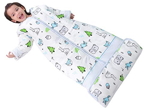 Chilsuessy Winter 2.5 Tog Kinder Schlafsack mit abnehmbaren Ärmeln Baby Schlafsack Bio Baumwolle Ganzjahres Schlafsack für Jungen und Mädchen, Wald Blau, XL (130-150 cm)