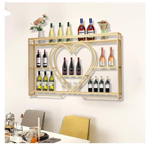 Weinregal Zur Wandmontage, Wandmontiertes Weinregal, Bar Einheit Schwebende Regale, Flaschenregal, Wand-Weinregal Mit Glasregal, Moderne Barregale, Weinglas-Lagerregal, Flaschenhalter(Gold,140*15*80)