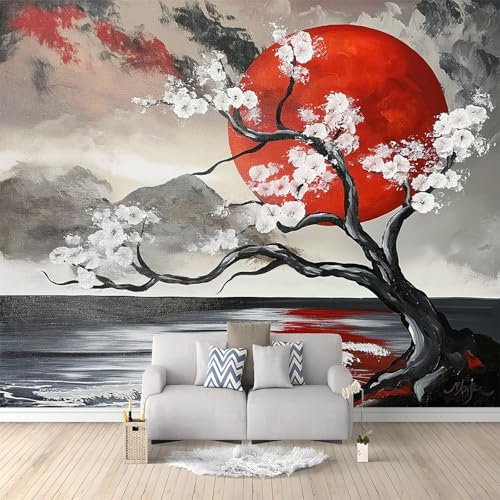 Poster Giganti da Parete Stile Giapponese Fiori Di Ciliegio Sole Rosso Grigio Fotomurale Carta da Parati Murale alla Moda Decorazione da Muro fotografica Murale per Camera Letto Sala 300x210 cm