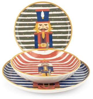 H&H, Servizio tavola 12 pezzi William, set tavola natalizio, decoro schiaccianoci, in stoneware, lavabile in lavastoviglie