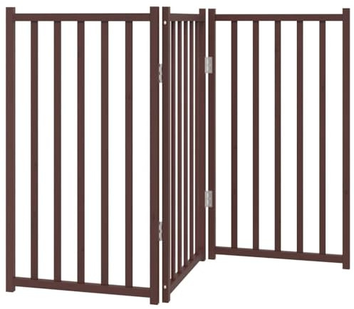 vidaXL Hundgrind hopfällbar 3 paneler brun ek 150 cm massivt granträ, husdjursgrind, hundgrind för trappor, valpgrind för trappor