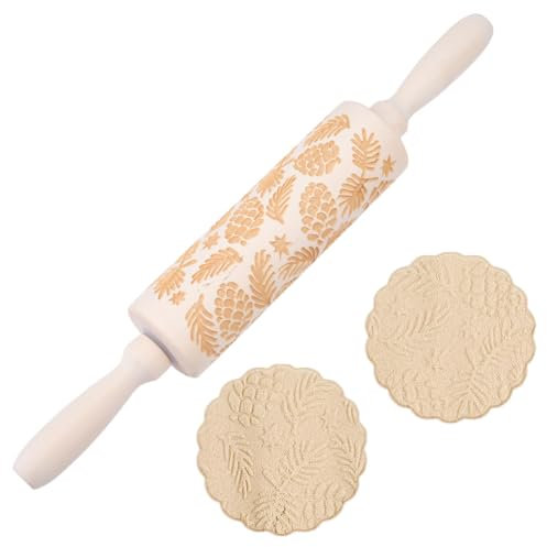 DELORIGIN Christmas Embossed Wooden Rolling Pin Pine Branches Print 35cm Rolling Pin for Baking Biscuit 3D Pattern DIY Kitchen Tool Baking Accessories Homemade Bakery Pastry Cookie Fondant Dough Pizza