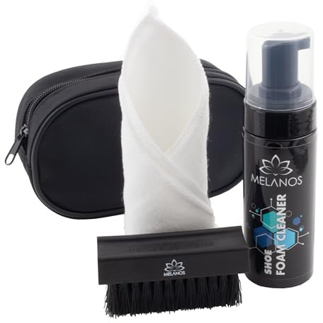 Melanos 3-Teiliges Schuhputzset | Das Set Enthält 150 ml Schaum-Schuhreiniger, Eine Schuhbürste und Ein Mikrofasertuch, Verpackt in Einer Tragbaren Nylon-Reißverschlusstasche, Stilvoll