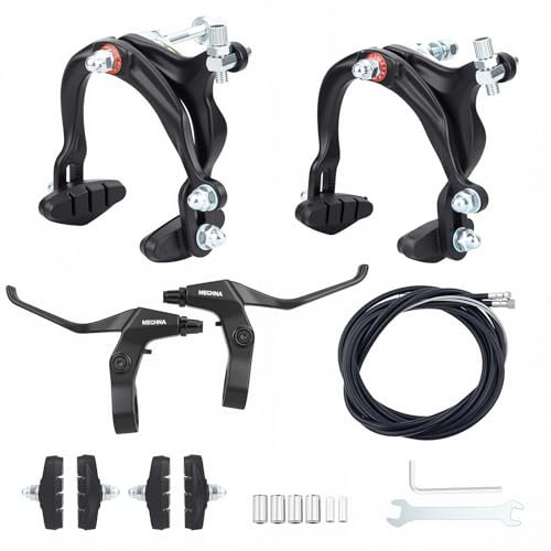 MEGHNA Bike Caliper Brake Set Aluminum Alloy Front and Rear Bike Brake Lever C Brake Set with Cables and Brake Pads Rim Brake for BMX Hybrid Bike Cruiser Bike Mountain Bike (Front and Rear Set)