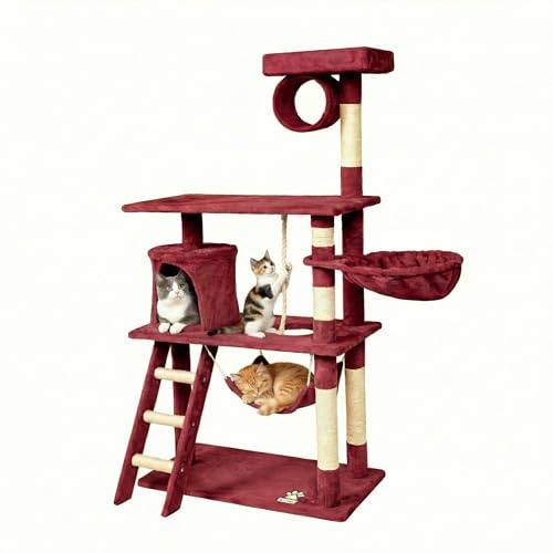 CASA Basics Rascador para Gatos PILLI 141 cm, Árbol con Plataformas y Accesorios para Jugar y Descansar Centro de Actividades Torre de Gatos Rascador para Gatos Casa para Gatos (Burdeos)