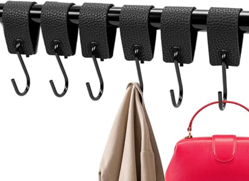 Lyivisk 6 ganci a S neri con passante in pelle, gancio multiuso con passante in pelle, gancio in metallo, gancio per appendiabiti per guardaroba, asta appendiabiti da cucina, bagno