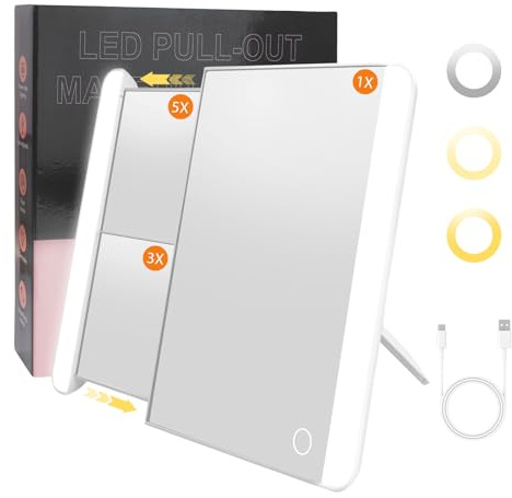 HEYMKGO Makeup Mirror with Lights, 1X/3X/5X Extendable Magnifying Mirror 72 LED Dimmable Vanity Mirror with 3 Color Lighting Adjustable Angle & Portable Travel-Unique Personalized Gifts for Women