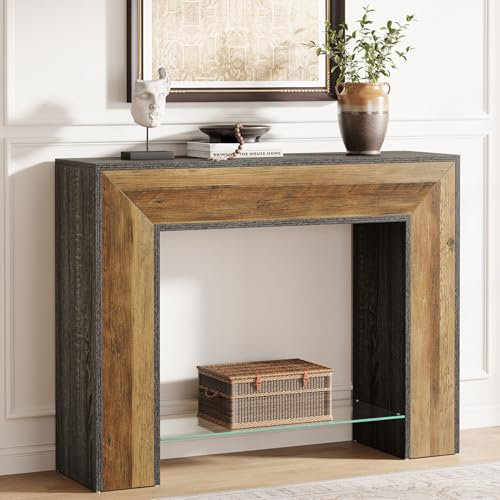 Tribesigns 105 cm Konsolentisch, Schmaler Flurtisch mit Glasablage, Lange, schlanke Sofastation für den Eingangsbereich, Flurständer für Eingangsbereich, Wohnzimmer, Braun & Schwarz