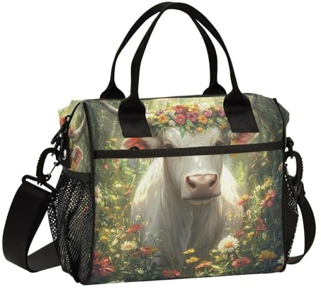 Boccsty Cow Horn Flowers Gress Kids Reusable Lunch Box Boys Girls Insulated Lunch Bag Women Men Cooler Tote Bag Organizer Meal Prep for School Office Picnic S