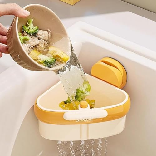Sink Strainer Basket, Hanging Kitchen Sink Strainer Basket with Press Dumping & Self-Cleaning Design, Corner Sink Trash Catcher for Food Waste, Sink Protectors for Kitchen Sink (Triangle - Yellow)