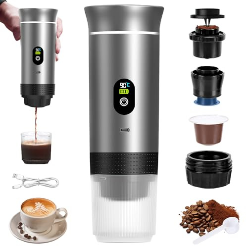 AMPUTEE 3-In-1 Electric Portable Coffee Maker, 20 Bar Portable Espresso Maker, Coffee Machine, Self-Heating, Compatible with Small & Large Capsules, Ground Coffee, with Cleaning Brush And Canvas Bag
