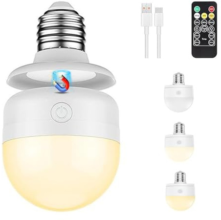 Calenxy USB-C Aufladbare Glühbirne mit Fernbedienung – E27 LED 3 Farben Dimmbar – Akku Glühbirne mit Timer & Magnetfuß – Kein Stromkabel Notlicht für Wohnen & Dekoration (1er Pack)