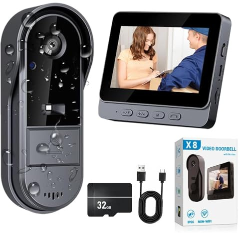 X8 door bell, video doorbell with monitor wireless, 1080P High Definition Two-way audio, Night Vision, 170° Vision, 4.3” Big Screen Video Intercom System IP68 Waterproof(With 32G Card)