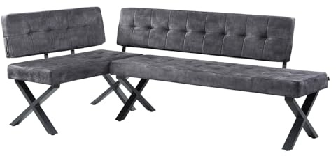 B&D home Eckbank EKA L-Kombi 100x216cm – modulare Esszimmerbank mit Lehne, beidseitig montierbar (Links/rechts), Kufen-Metallgestell, pflegeleichter Bezug in Anthrazit