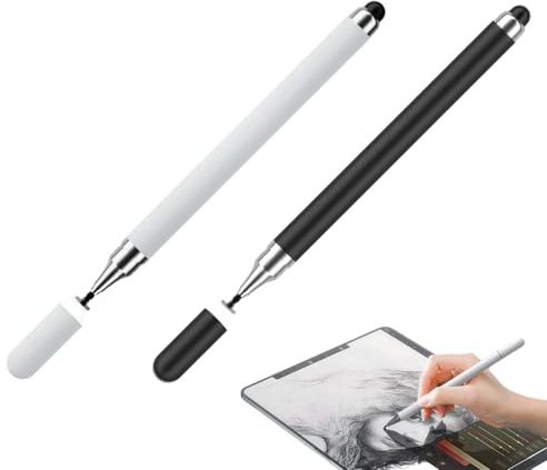 Stylet Tactile Universel Haute Précision pour Écrans Tactiles(Lot de 2), Stylet Tablette pour Android, Mi, Samsung Galaxy, Microsoft, Smartphones et Tablettes, Pointe Précise, Blanc/Noir