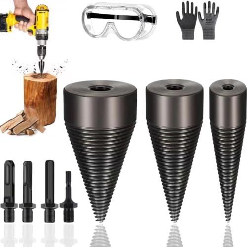 Heavy Duty Firewood Auger for Drill, 4 Shank Adapters (3PCS) | High Carbon Steel 32/42/50mm Flexible Cone Splitter Extension with Hex | Dry Softwood Prep, Home Heating, Farm