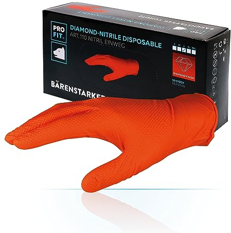 PRO FIT Nitril-Einweghandschuh 50er Pack – Premium Montagehandschuhe, Chemikalienschutzhandschuhe, Diamant-Muster, Latexfrei & ungepudert - 24cm, Orange, Gr. XL