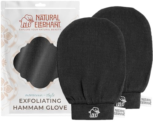 Natural Elephant Exfoliating Hammam Glove | Authentic Moroccan Kessa Body Scrub Mitt for Spa-Quality Skin Renewal | Pure Black 2 Pack