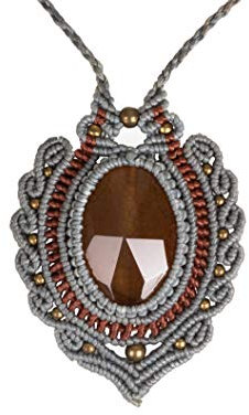 CCcollections Handgemachte Makramee Halskette Wachsschnur mit Messingperlen und Stein (GreyW BrownAS)