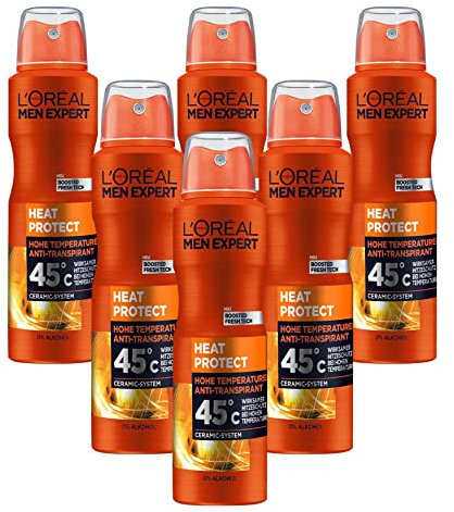 L'Oréal Men Expert Déodorant en spray efficace pour homme Idéal à haute température jusqu'à 45 °C Protection contre la chaleur 6 x 150 ml