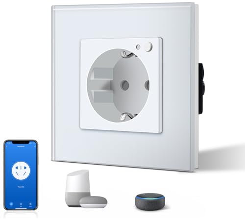 BSEED Schuko Wifi Steckdose 16A Smart Alexa Glassteckdose, 1 Pack 1 Weg Weiß 86mm Unterputz-Installation APP-Steuerung Arbeit mit Alexa/Google Home DIY Free Spin Nur 2.4 GHz