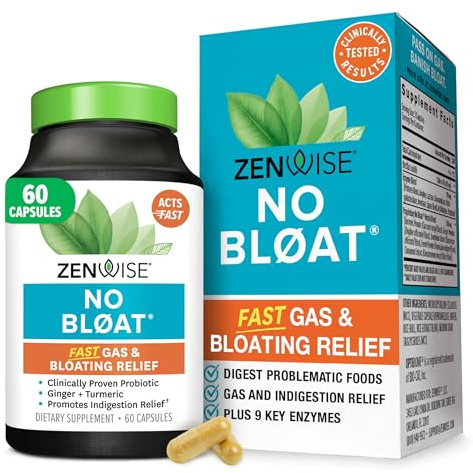 Zenwise Health No Bloat Digestive Enzymes for Gut Health, Gas & Bloating Relief - Multi Enzymes Digestion Supplement with Probiotics, Ginger, Turmeric Dandelion & Lactase - Men & Women - 60 Count