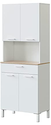 Dmora - Grande armoire polyvalente Chandler, Armoire auxiliaire de cuisine, Buffet avec 4 portes et 1 tiroir, Armoire ouverte, 72x40h186 cm, Blanc et Chêne