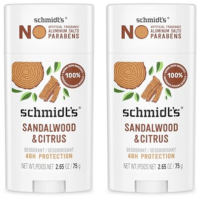 Schmidt's Lot de 2 déodorants naturels sans aluminium bois de santal et agrumes 24h protection certifié naturel, végétalien, sans cruauté