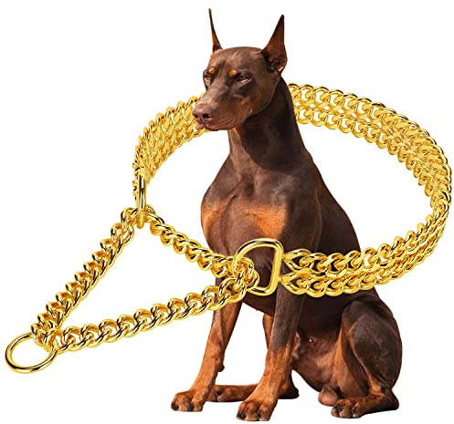 Stainless Steel 18K Gold Dog Chain Collar - Adjustable, Chew Proof, Double Row Cuban Link for Large, Small, Medium Dogs