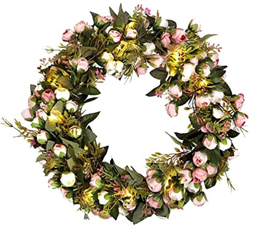 SOLUSTRE Blumenkranz LED- Leuchten Frühlingskranz Rose Blumenfronttürdekoration für Home Zimmer Garten Lintel Valentines Tag Weihnachtsfeier (11. 8 Zoll Rosa Rose)