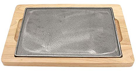 TSTSM Plato Teppanyaki, Plato Grande De Hierro Fundido para Carne, Plancha con Base De Madera, Plato para Servidor De Parrilla para Carne, Uso Doméstico O Suministro De Restaurante-B||28 * 18cm
