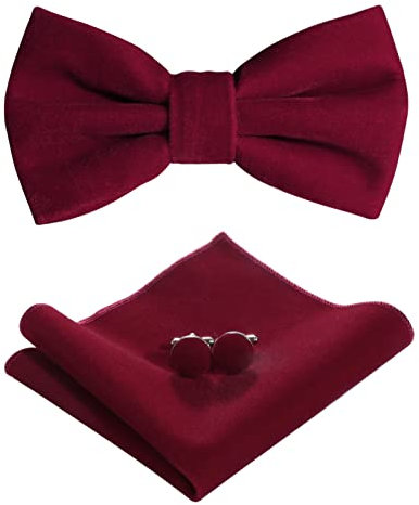 HOULIFE Ensemble nœud papillon pour homme – Nœud papillon réglable en velours pré-noué, mouchoir uni, boutons de manchette pour marié, mariage formel, avec boîte cadeau – Bordeaux, bordeaux, M
