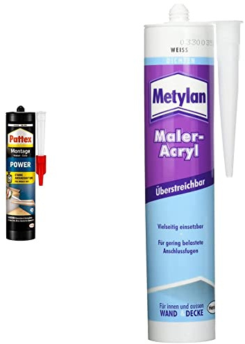 Pattex Montagekleber Power, Baukleber mit starker Anfangshaftung, Kraftkleber für saugende Materialien, Kleber für innen & außen, 1 x 370g & Metylan Maler-Acryl Wand & Decke, weiß, 1x300ml