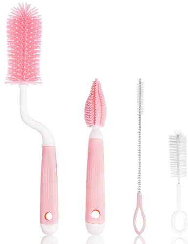Vicloon Baby Flaschenbürste Set, 4er Set Silikon Babyflaschenbürste für Babyflaschenbürste und Sauger, BPA-frei, mit Soft Brush Saugerbürste Strohhalmreiniger(Rosa)