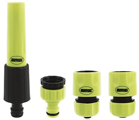 Amig - Kit Irrigazione | 4 Componenti | 1 Lancia di Irrigazione a Flusso Regolabile | 1 Adattatore con Riduttore e 2 Raccordi Rapidi da 1/2 e 3/4 Con Funzione di Stop | Verde Pistacchio e Nero