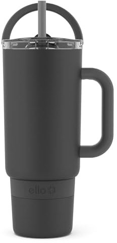 Ello Port 40oz Tumbler with Carry Loop & Integrated Handle, Vacuum Insulated Stainless Steel Reusable Water Bottle, Travel Mug with Leak Proof Lid and Straw, Perfect for Iced Coffee and Tea, Black