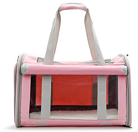 PETCUTE Hundetransportbox für Hunde und Katzen,Faltbar Tragetasche Hund Transportbox Katze mit Internem Sicherheitsgur,Airline Zugelassen,Atmungsaktive Hundetragetasche,für Wandern Reisen,Rosa
