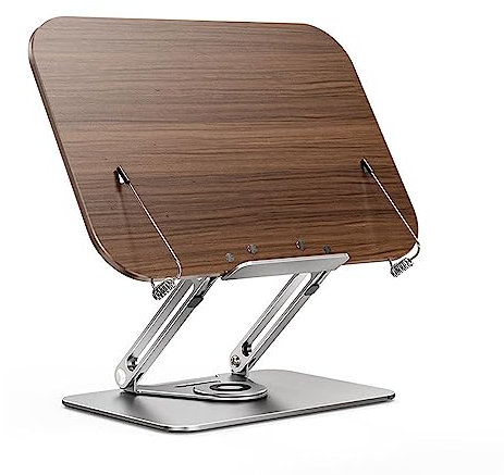 Holzbuchständer 360° Drehbarer Aluminiumsockel mit Seitenklammern Faltbarer Kochbuchhalter Musiknoten Laptopständer für Büro Schule Küche