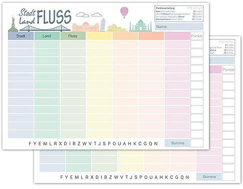 PICTALOO Stadt Land Fluss Spielblock Blanko, Spieleblock zum Ausfüllen für die Familie, Erwachsene, Kinder, Block DIN A5 mit 50 Seiten, Stadt Land Spiel mit 4 freien Themen, Reisespiel Familienspiel
