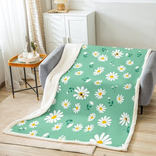 Daisy Flowers Bed Blanket Daisy and Bee Throw Blanket Lightweight Soft Cozy Luxury Green and White Fleece Blanket Spring Floral Flannel Blanket for Sofa Bedroom Office Travel All Season(Twin 60x80)