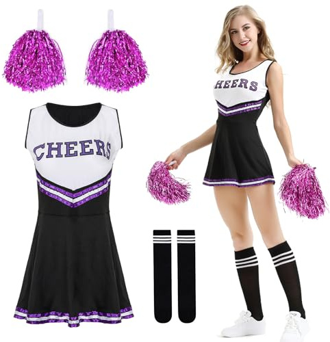 Cheerleader Kostüm Damen,Kostüm Cheerleader,Cheerleadering Outfit Fancy Dress Uniform,Cheerleading Uniform,Kostüme für Erwachsene,Cheer Uniform,mit Pompoms Haarband,für Karneval,Fasching,Mottoparty
