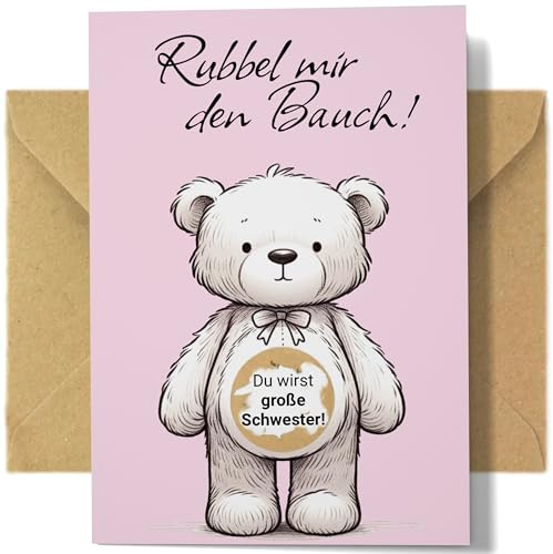 Du wirst große Schwester - Rubbelkarte zum Schwangerschaft Verkünden | Set mit Kraftpapier Umschlag, fertig mit goldenem Kratzfilm für Baby Ankündigung