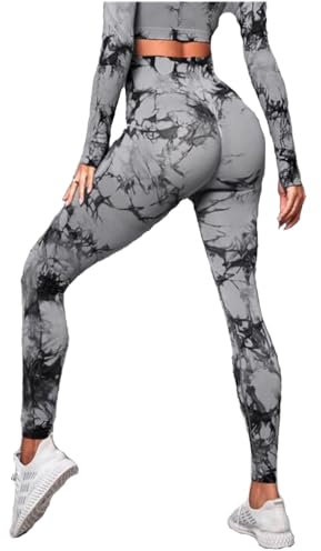fdsmall Tie Dye Yoga Leggings Seamless High Waisted Yoga Pants Tummy Control Butt Lifting Gym Leggings Workout Sports Tights for Gym Outdoor (UK, Waist, M, Regular, Regular, Grey 02)