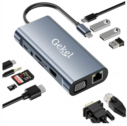 Gekel USB C Hub 3.1, 11-in-1 USB C Dock with 4K-HDMI, VGA, 3xUSB 3.0 port, USB-C Data Port, 100W PD, RJ45 1000Mbps Ethernet, SD/TF Card Reader, 3.5mm AUX for MacBook Pro/Air and More Type C Devices