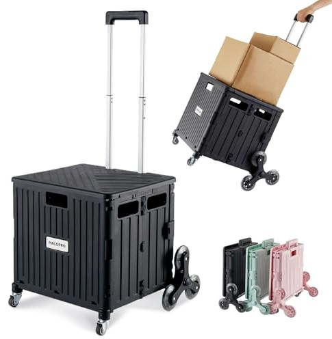 MACOPRO Foldable Utility Cart with Stair Climbing Wheels, Collapsible Rolling Crate with Telescoping Handle, Folding Shopping Trolley Handcart Grocery Book File Tool Teacher Storage Basket (Black)